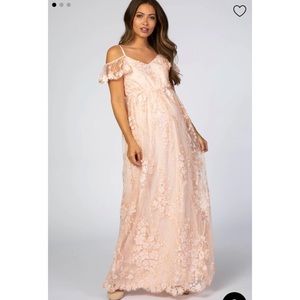 Light pink floral embroidered mesh maternity dress